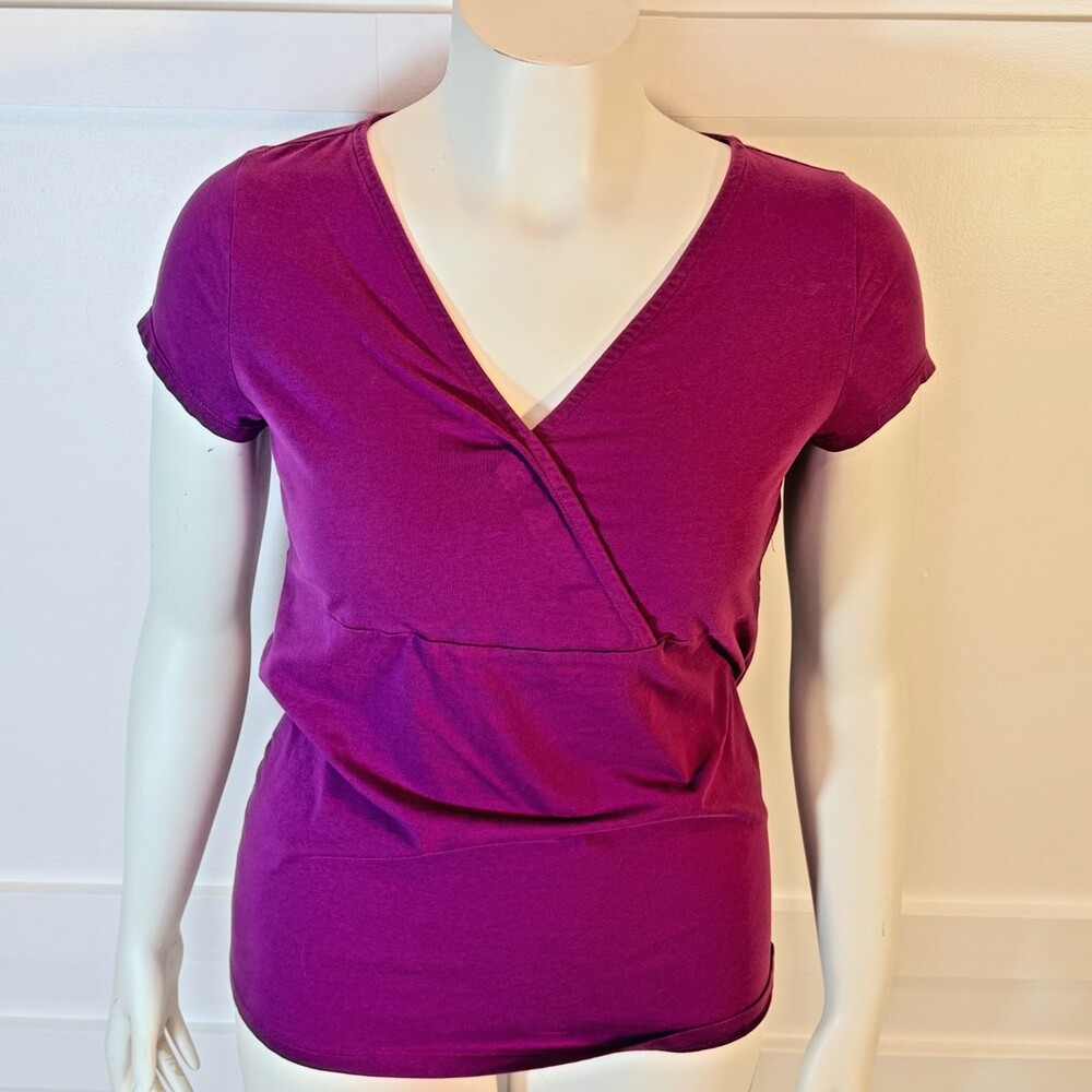 Merona Knit Top Women's L Blouse Purple Short Sleeve Wrap Front V Neck NWOT